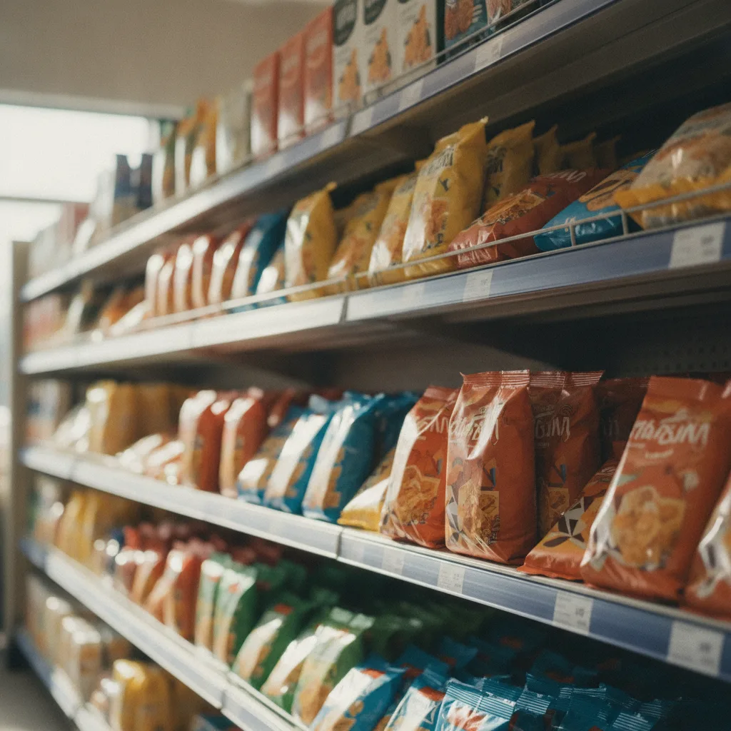 Rayons de produits snacks industriels colorés en supermarché