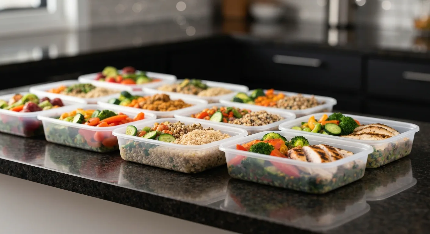 Boîtes de repas préparés à l'avance en batch cooking sur un plan de travail