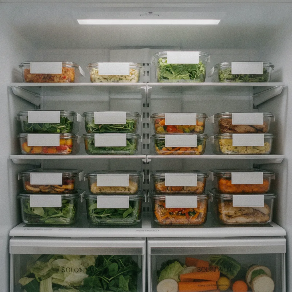 Réfrigérateur organisé avec boîtes de repas préparés et datés