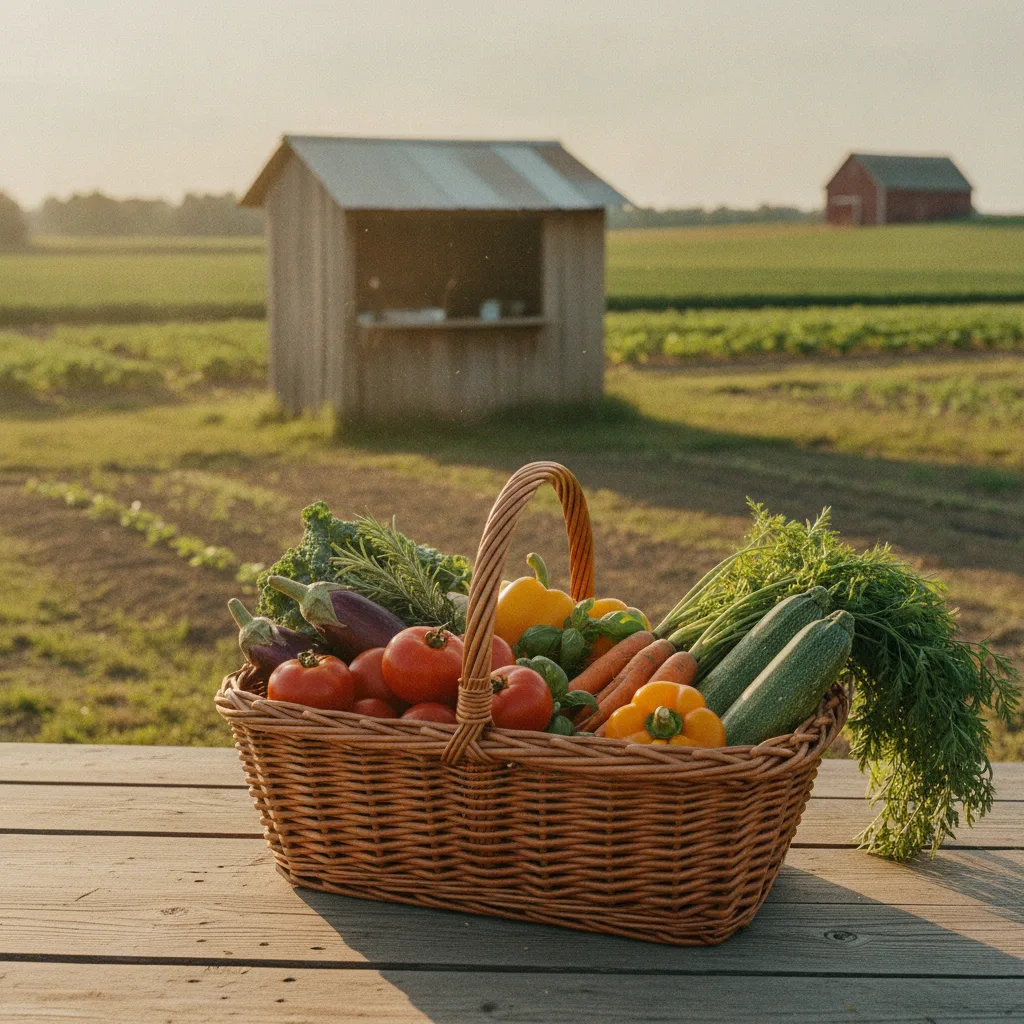 Panier de légumes bio locaux et de saison devant une ferme