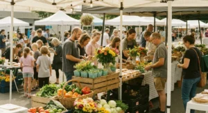 Marché de producteurs en circuit court avec étals de produits locaux frais