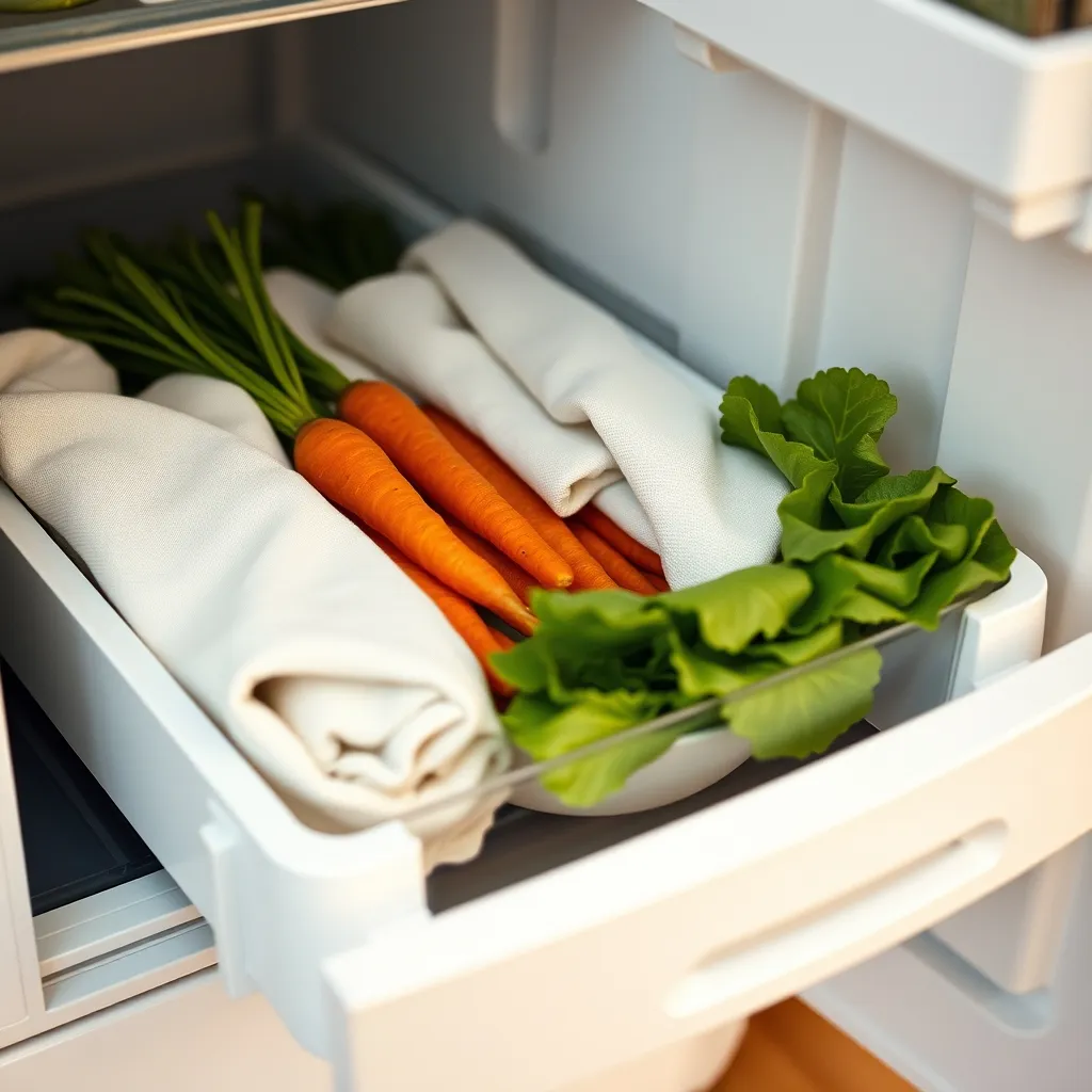 Un bac à légumes bien organisé avec des légumes enveloppés dans des torchons propres
