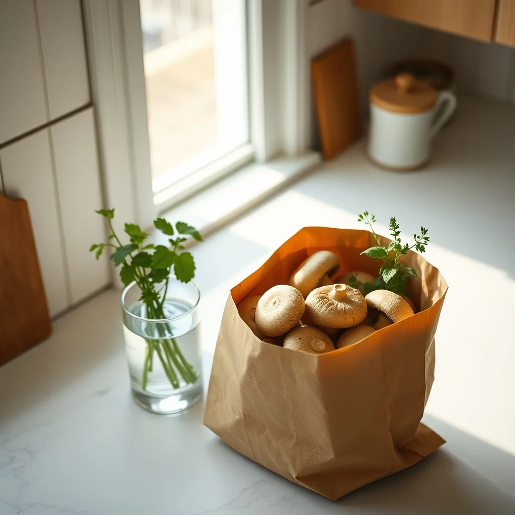 Des champignons dans un sac en papier et des herbes fraîches conservées dans un verre d'eau