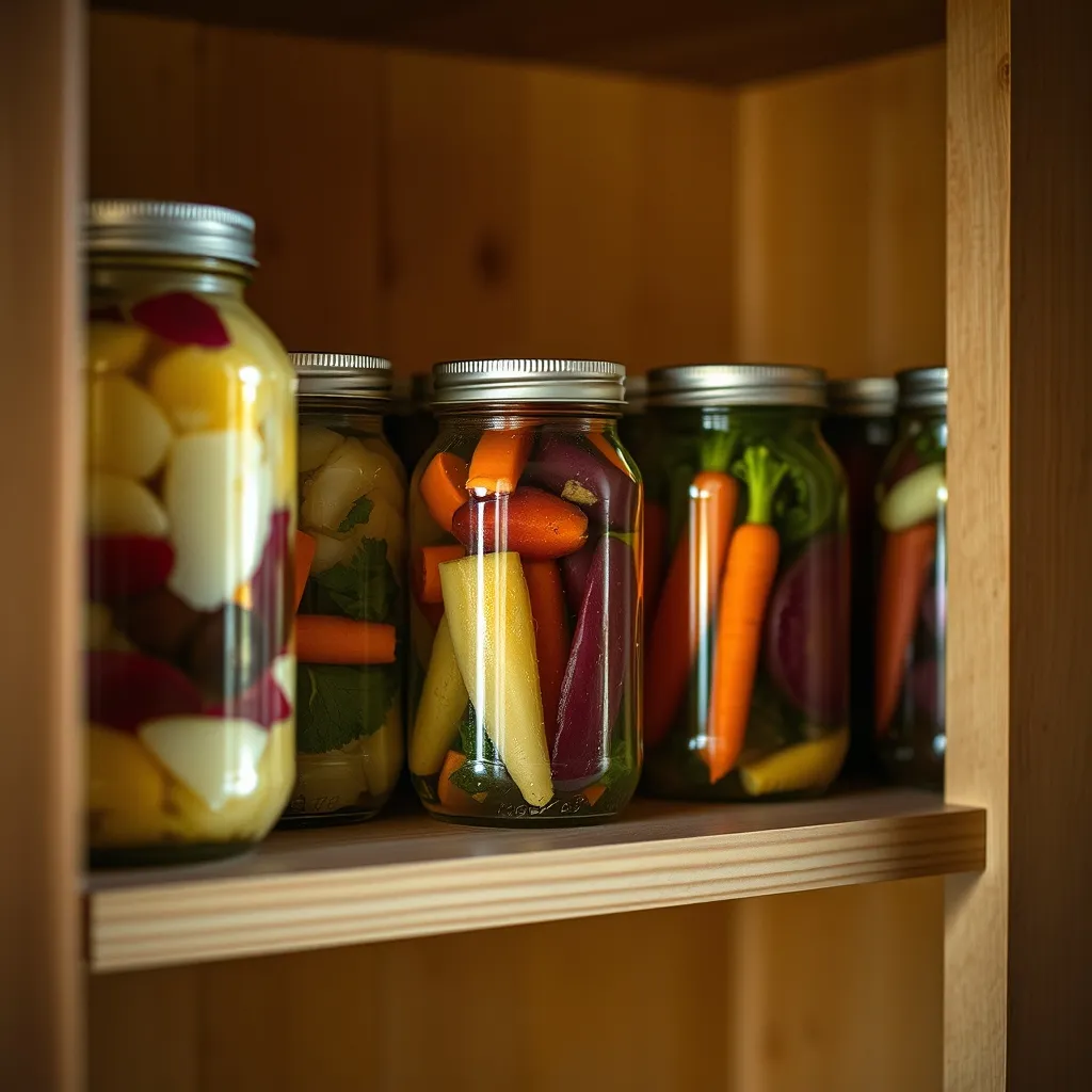 Des bocaux de légumes lacto-fermentés alignés sur une étagère de garde-manger
