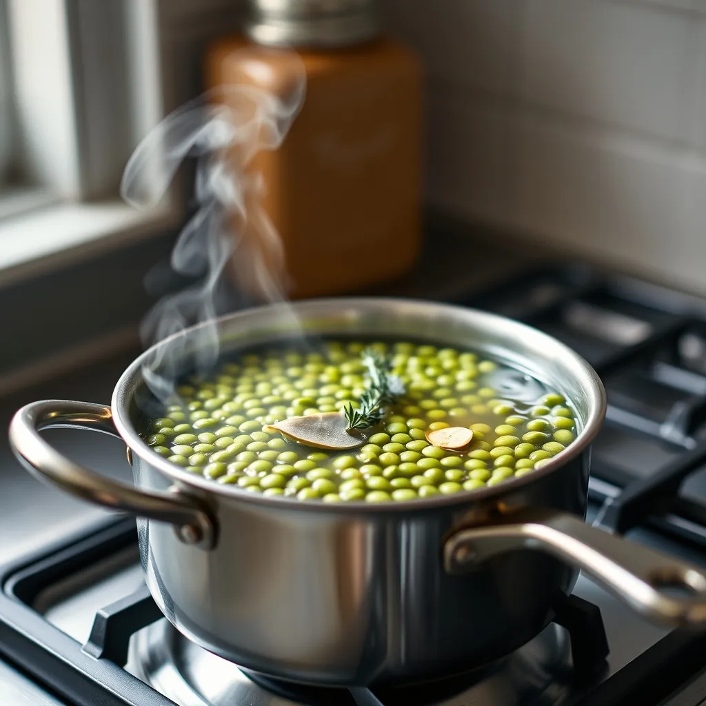 La cuisson des lentilles vertes à la casserole avec un bouquet garni de thym et laurier