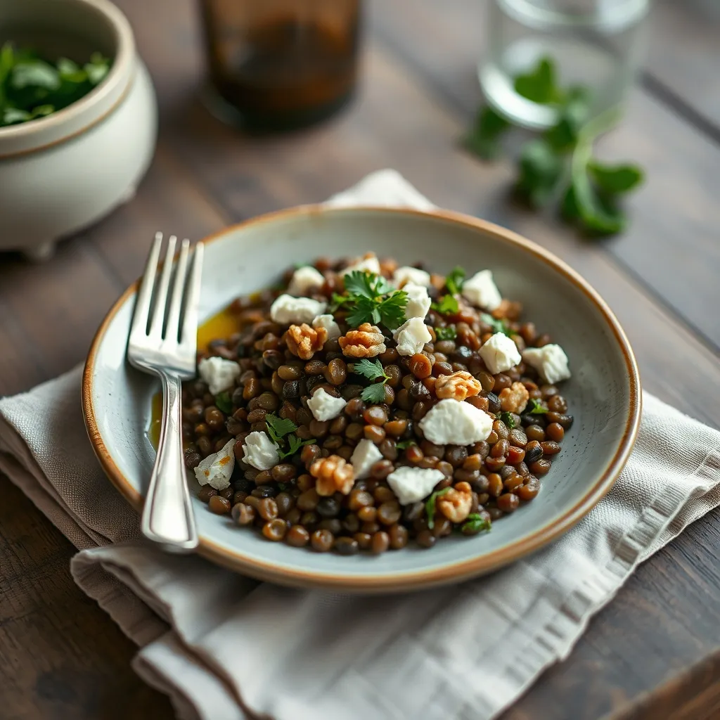 Une salade tiède de lentilles au chèvre frais, noix et persil, assaisonnée d'huile d'olive