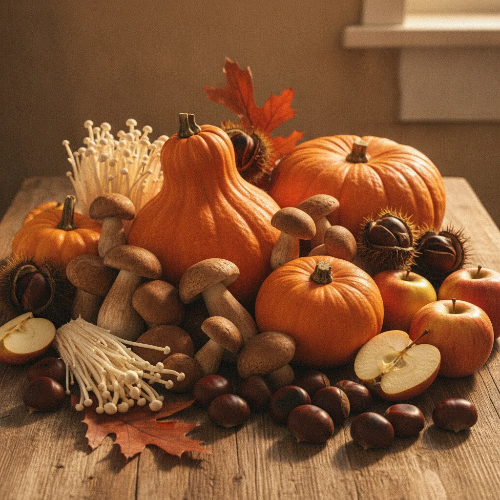 Produits d'automne : courges, champignons, pommes et châtaignes
