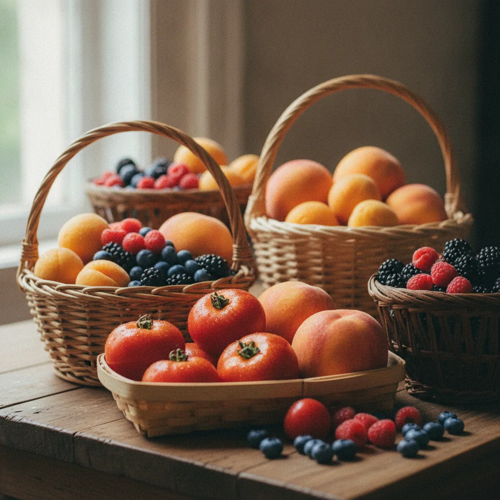 Produits d'été : tomates, pêches, abricots et fruits rouges