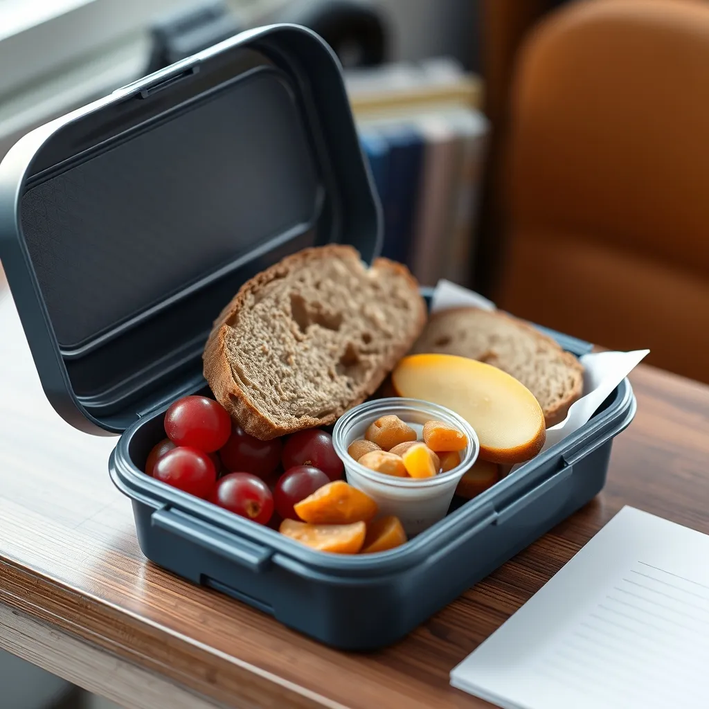 Une boîte à goûter bien garnie pour l'école avec pain, fruits et yaourt