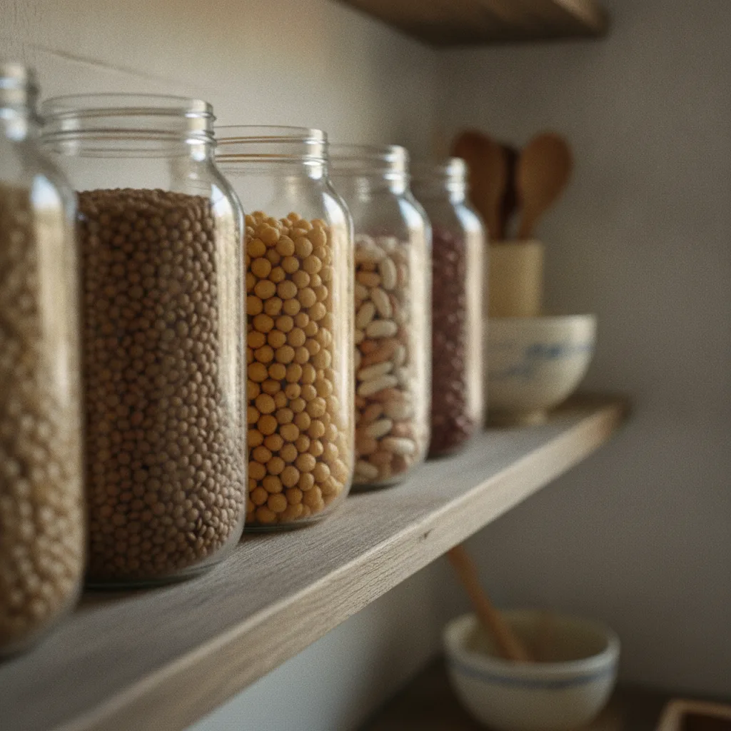 Bocaux de lentilles, pois chiches et haricots secs sur une étagère