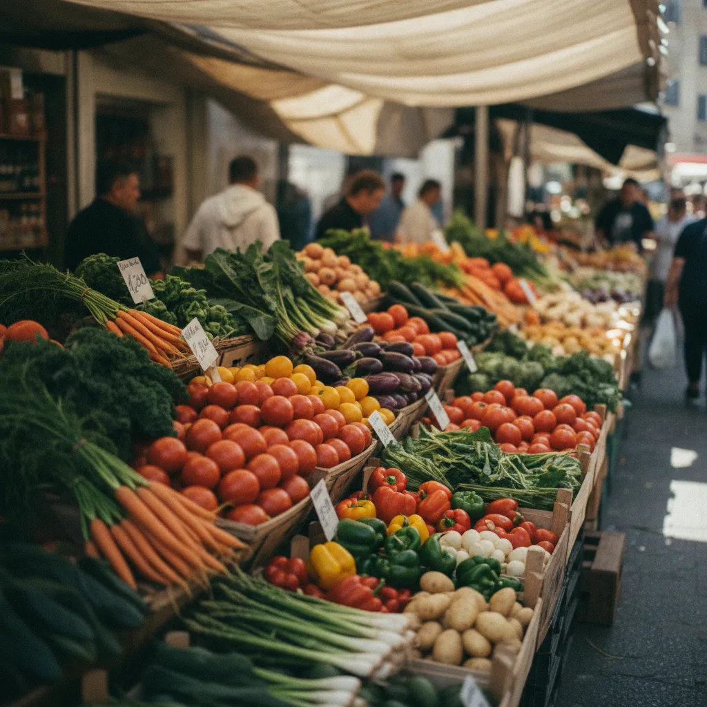 Étal de légumes de saison sur un marché