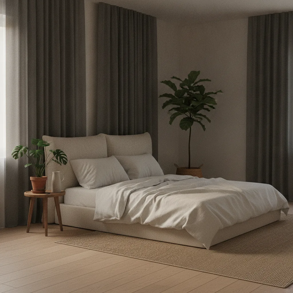 Chambre épurée et apaisante, fraîche et sombre, sans écran