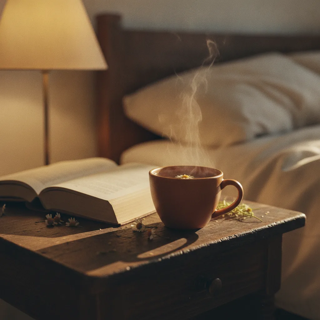 Tisane de camomille et livre sur une table de chevet le soir