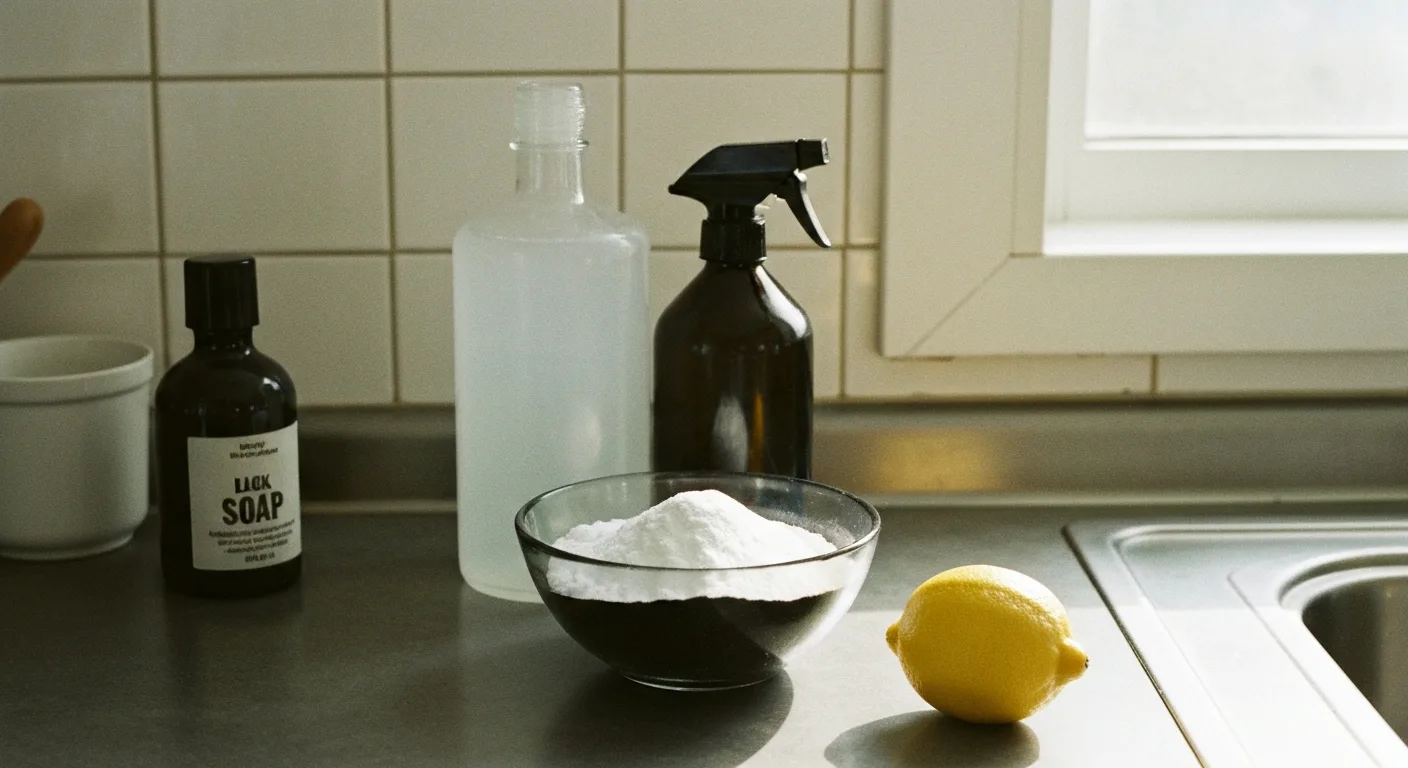Ingrédients pour produits ménagers maison : vinaigre blanc, bicarbonate et vaporisateur