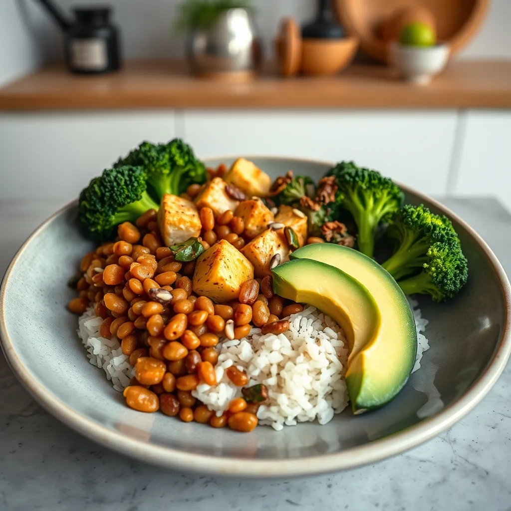 Un bowl complet associant riz, lentilles et tofu pour un apport protéique équilibré