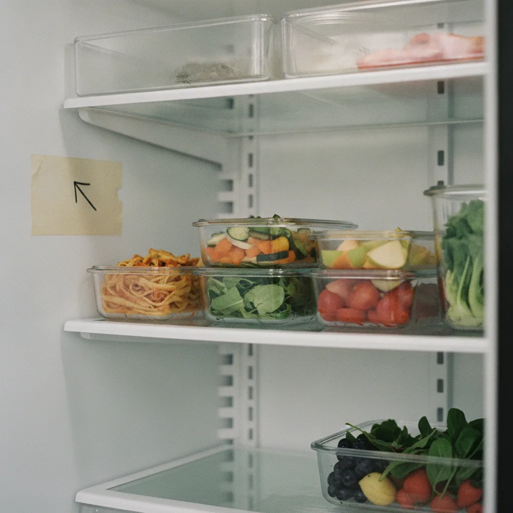 Étagère de frigo organisée avec boîtes transparentes et zone à manger en premier