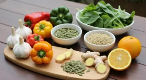Aliments riches en vitamines pour renforcer l'immunité : agrumes, légumes, ail, gingembre