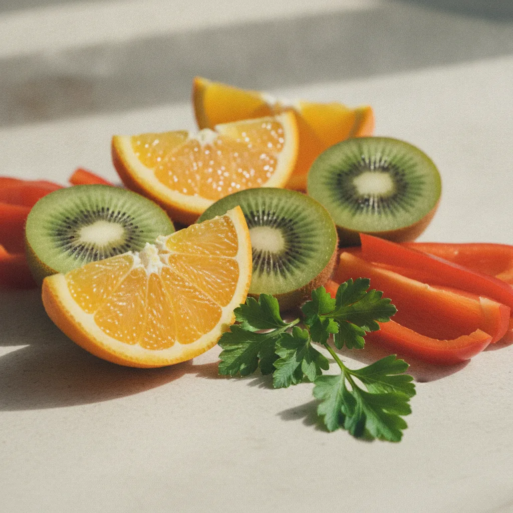 Aliments riches en vitamine C : oranges, kiwi, poivron rouge et persil
