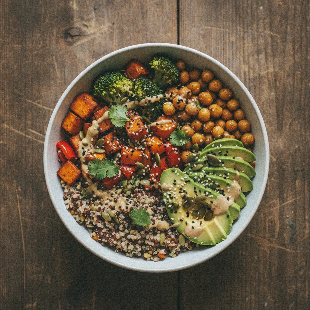 Bol complet équilibré avec céréales, légumes rôtis et pois chiches