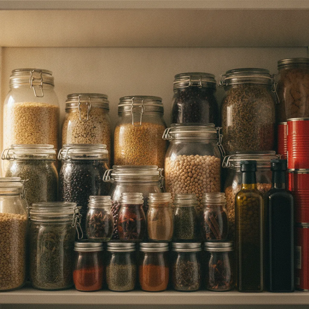 Garde-manger garni de céréales, légumineuses, épices et huile d'olive