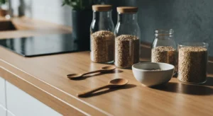 Cuisine zéro déchet avec bocaux en verre, sacs en tissu et objets réutilisables