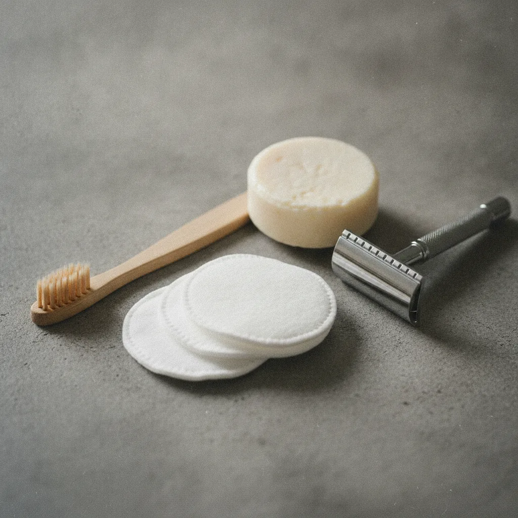 Objets zéro déchet de salle de bain : brosse bambou, shampoing solide, cotons lavables
