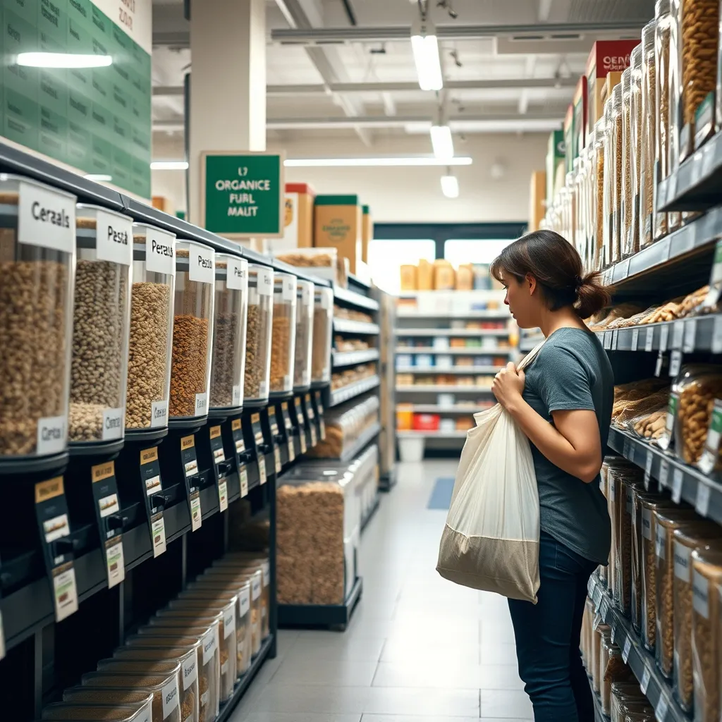 Un rayon vrac bien entretenu avec silos fermés et étiquetage complet des allergènes