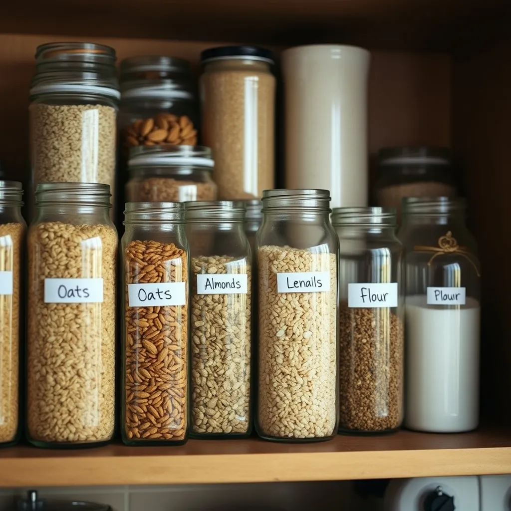 Des bocaux en verre étiquetés pour un rangement pratique et une conservation optimale des produits secs