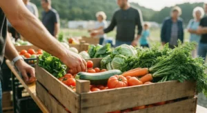 Un panier AMAP typique avec des légumes de saison récoltés le matin même