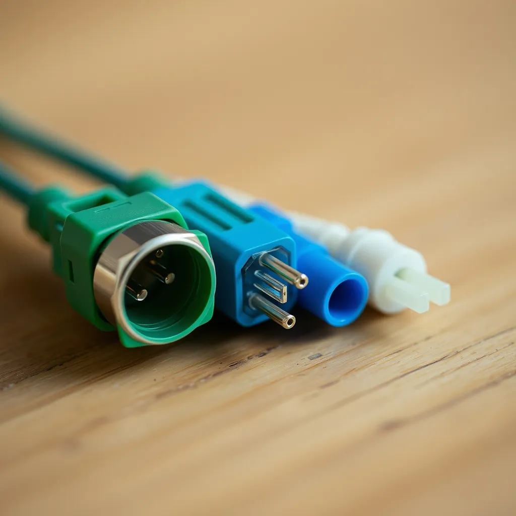 Comparaison des connecteurs fibre optique : SC-APC vert, SC-UPC bleu et LC côte à côte