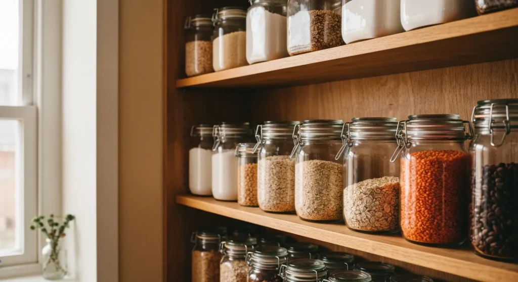 Des bocaux en verre hermétiques alignés sur une étagère de cuisine permettent de conserver durablement les aliments achetés en vrac