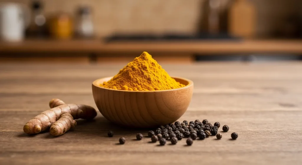 Curcuma en poudre et grains de poivre noir : l'association qui change tout pour l'absorption de la curcumine