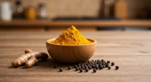 Curcuma en poudre et grains de poivre noir : l'association qui change tout pour l'absorption de la curcumine