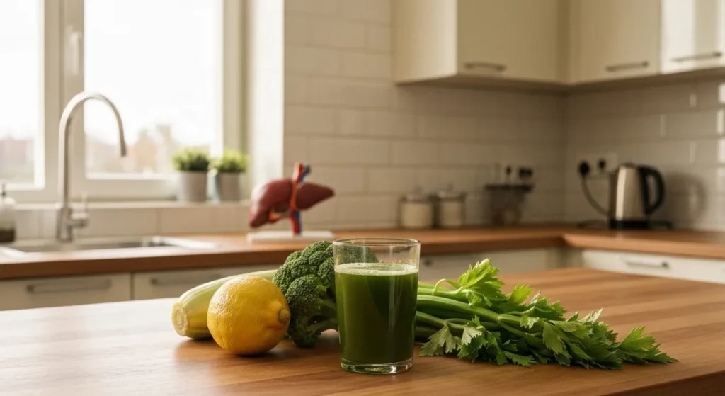 Jus vert et légumes frais sur un plan de travail : le corps n'a pas besoin de cure pour éliminer les toxines
