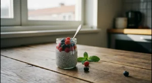 Pudding de graines de chia aux fruits frais, prêt à déguster au petit-déjeuner