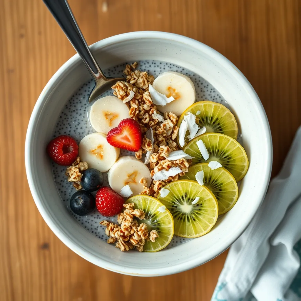 Un bol de pudding de chia garni de fruits frais et de granola pour un petit-déjeuner rassasiant