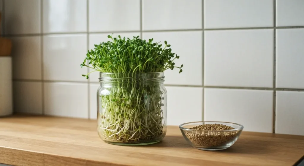 Un bocal de graines germées d'alfalfa prêtes à être récoltées sur un plan de travail de cuisine