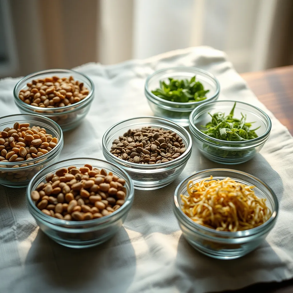 Différentes variétés de graines sèches prêtes pour la germination : lentilles, radis, alfalfa et fenugrec