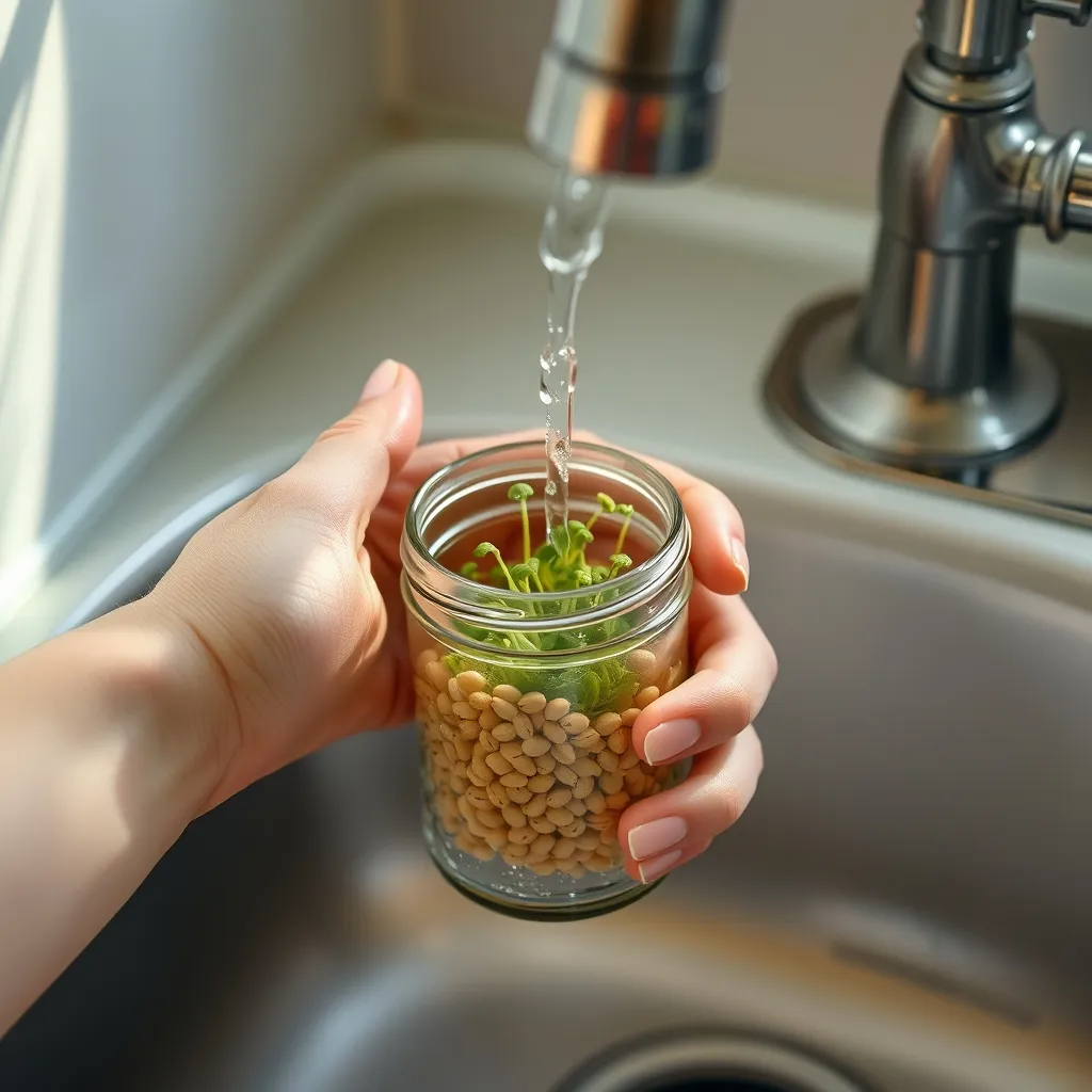 Le rinçage quotidien des graines en cours de germination sous l'eau courante