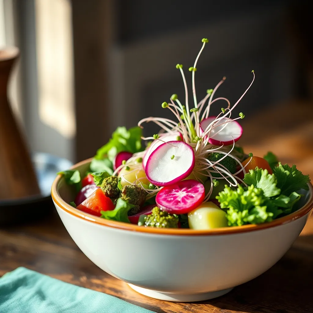 Des pousses de radis et de brocoli fraîchement récoltées en garniture d'une salade composée