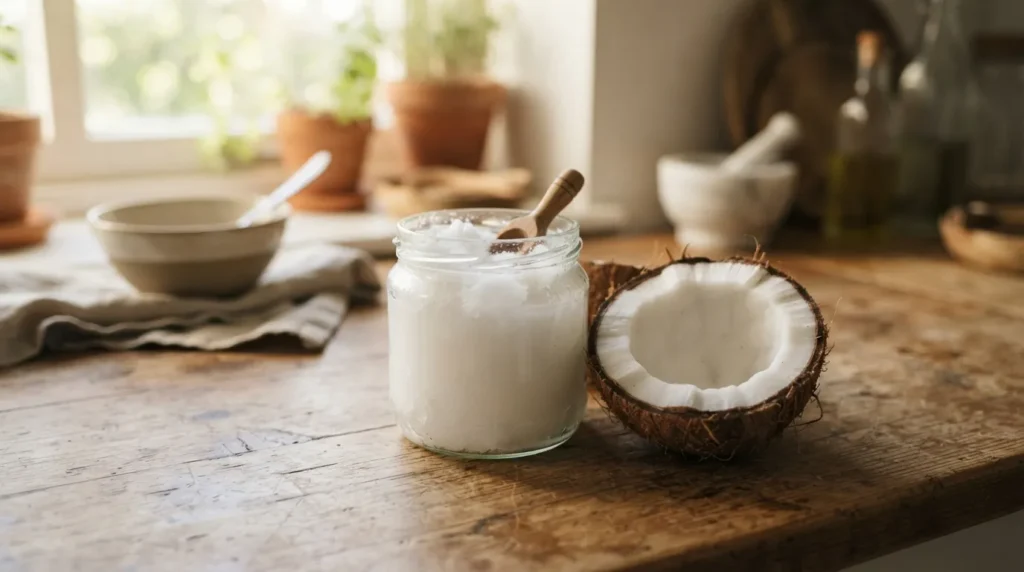 L'huile de coco vierge, solide en dessous de 25 °C, présente un taux de graisses saturées supérieur à celui du beurre