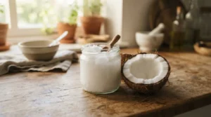 L'huile de coco vierge, solide en dessous de 25 °C, présente un taux de graisses saturées supérieur à celui du beurre