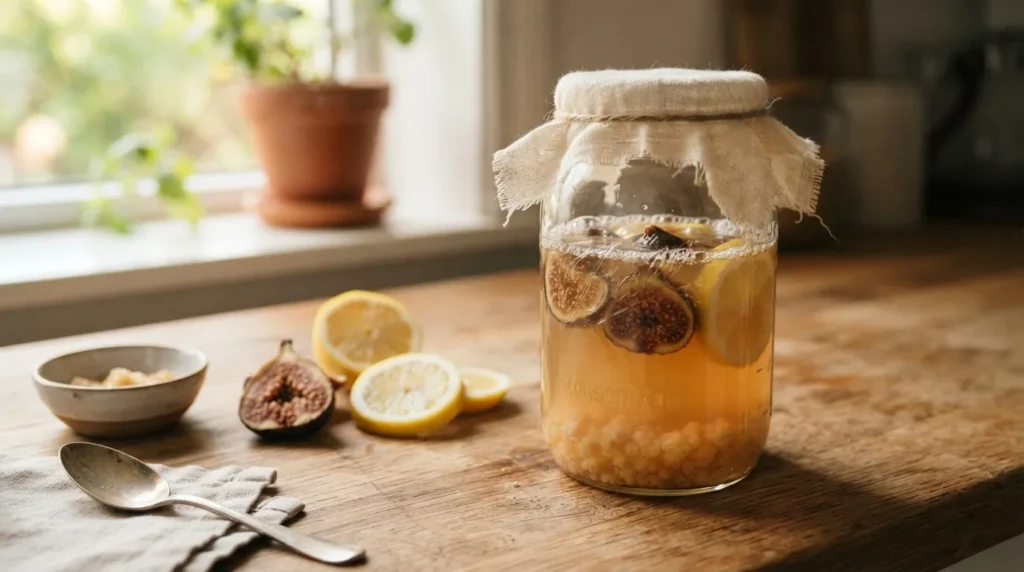 Grains de kéfir de fruits en fermentation avec figue sèche et rondelles de citron dans un bocal en verre
