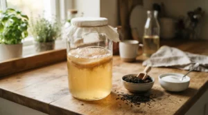 Un SCOBY en formation à la surface d'un bocal de thé sucré, prêt pour la fermentation du kombucha maison