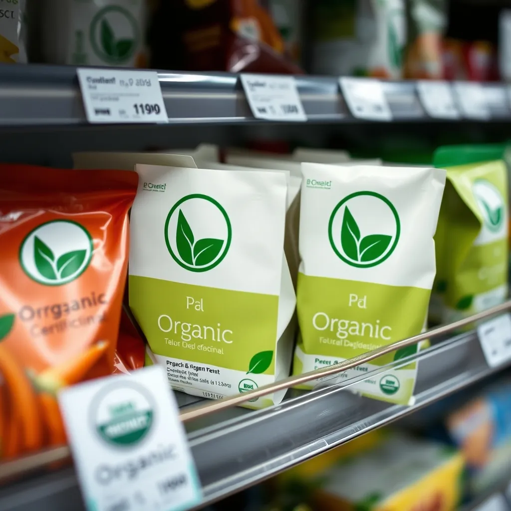 Gros plan sur des emballages alimentaires bio en rayon avec les logos de certification visibles