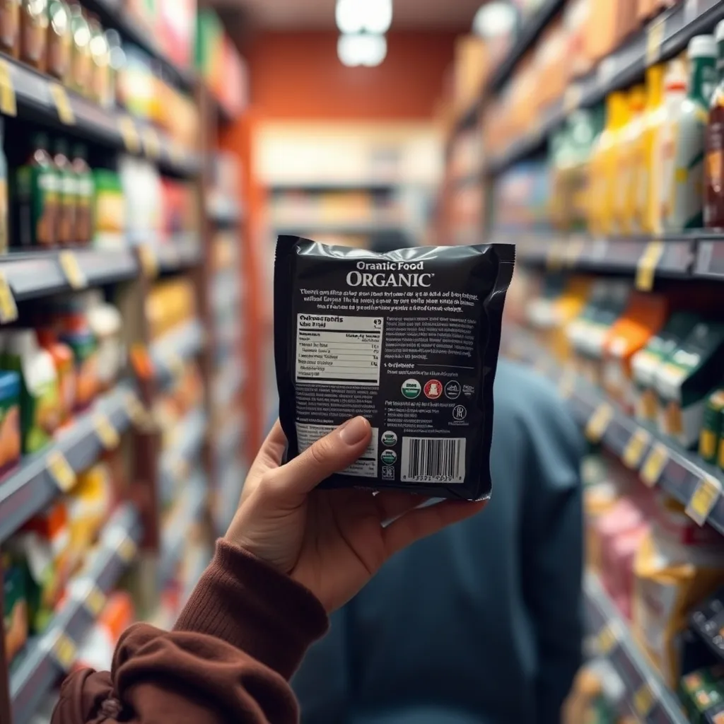 Lecture attentive du code certificateur sur l'emballage d'un produit bio en magasin