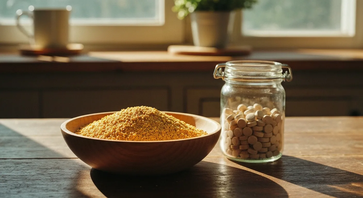 Paillettes de levure de bière dorées dans un bol en bois, prêtes à être saupoudrées sur un plat