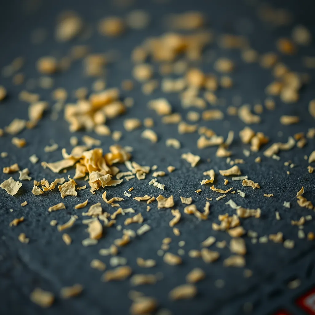 Vue rapprochée des paillettes de levure de bière, dont la couleur dorée rappelle celle du parmesan râpé
