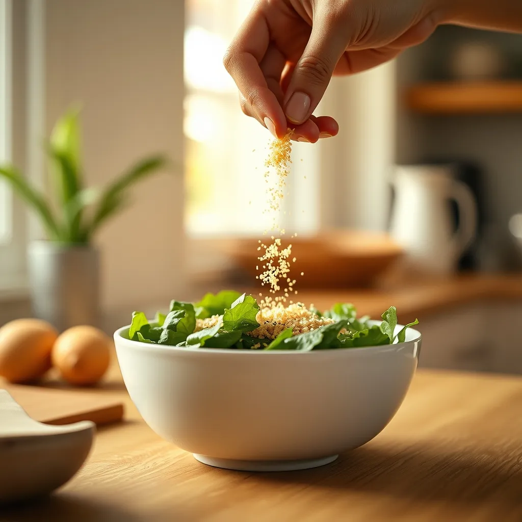 La levure de bière en paillettes se saupoudre facilement sur une salade pour un apport quotidien en vitamines B