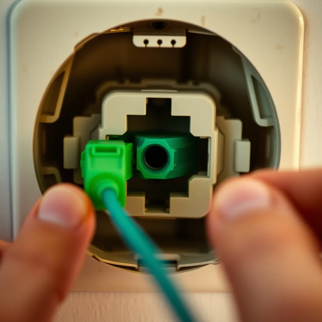 Intérieur d'une PTO ouverte montrant le connecteur SC-APC vert et la fibre lovée